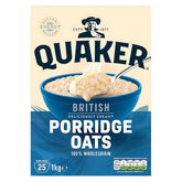 Front of a Quaker - Rolled Porridge Oats - 1kg box, showing a blue bowl of wholegrain oats, spoon, brand logo, and nutrition highlights like high fibre and no added sugar.